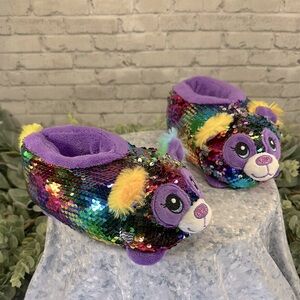 BUILD-A-BEAR Panda Rainbow Sequin Plush Slippers - Girls Size 13/1 medium 💜 NWOT